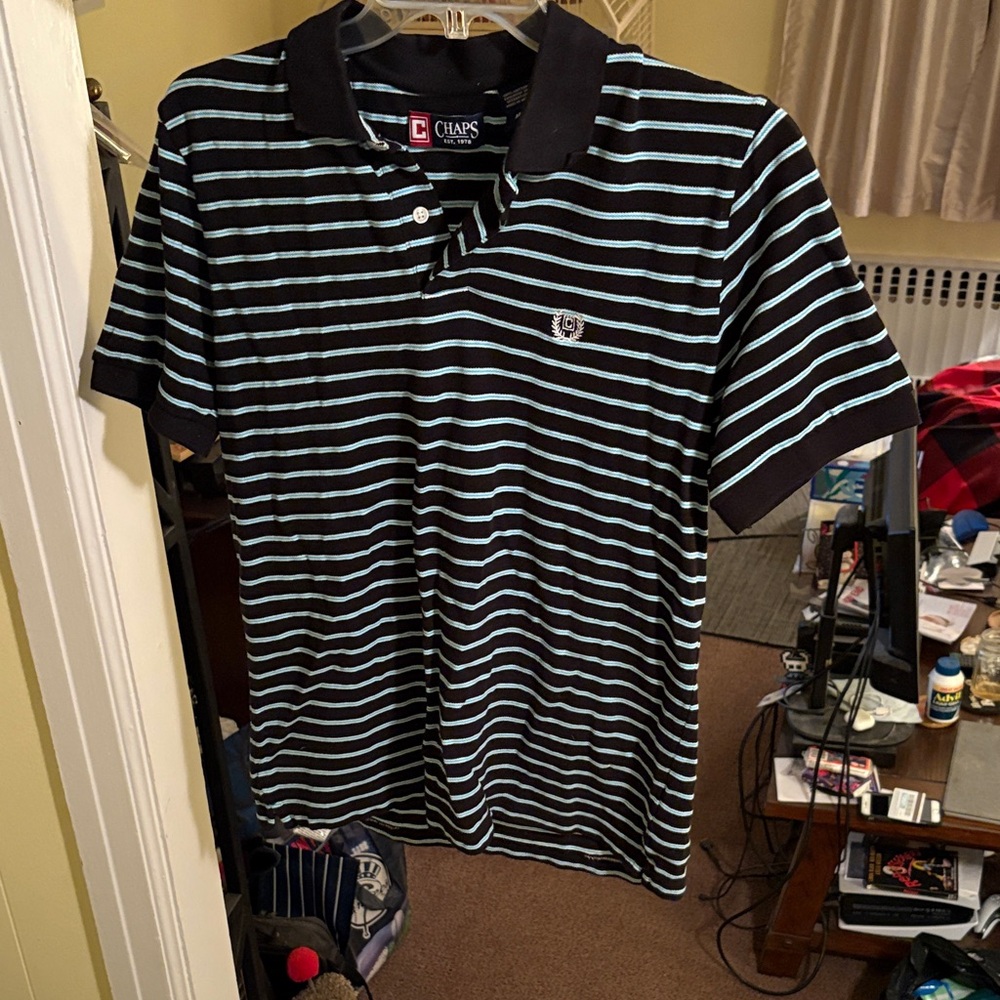 Chaps Men's Polo Shirt with Black and Light Blue Stripes